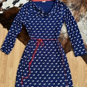 Hatley dress with fun horse pattern & orange piping detail on the side